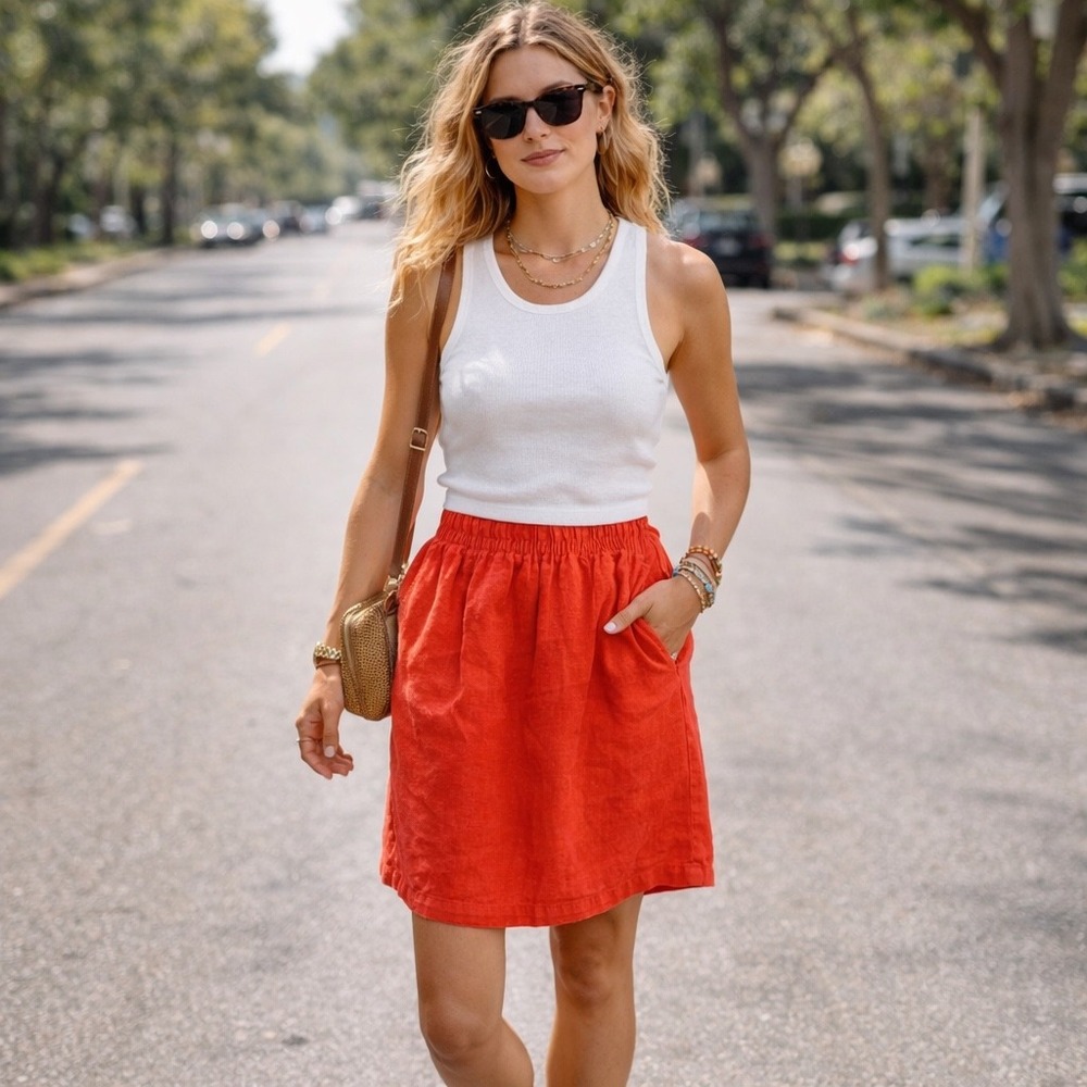 J.Crew Womens Small Red Linen Elastic Waist Skirt Natural Fibers Old Money Vacay